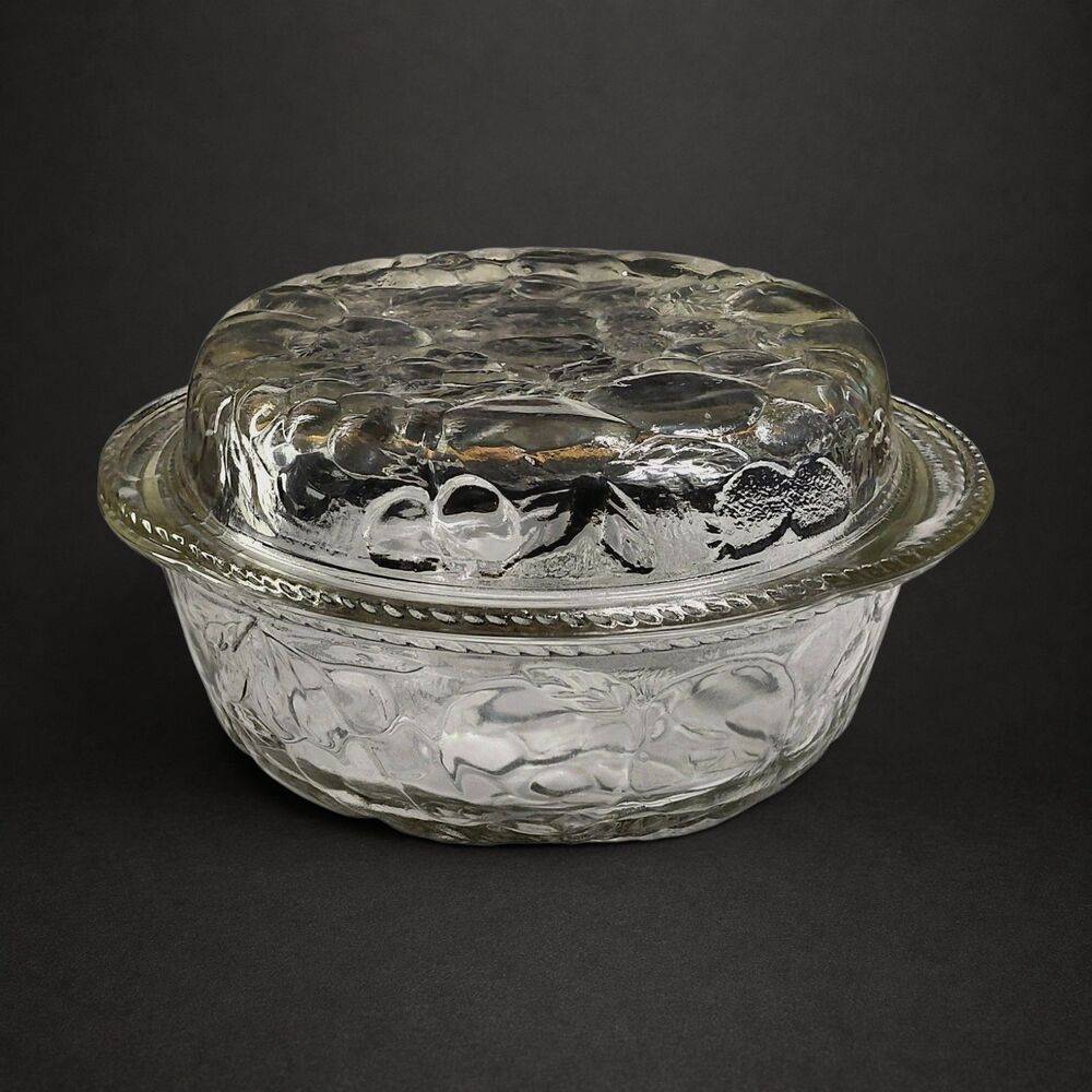 Vintage Libbey Orchard Embossed Nesting Glass Casserole Dish & Pie Pan Set